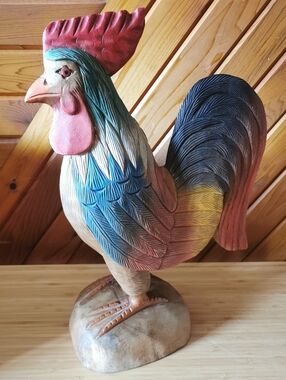 Vintage Hand-Carved Wooden Rooster Sculpture | Folk Art Hand-Painted Large 18”